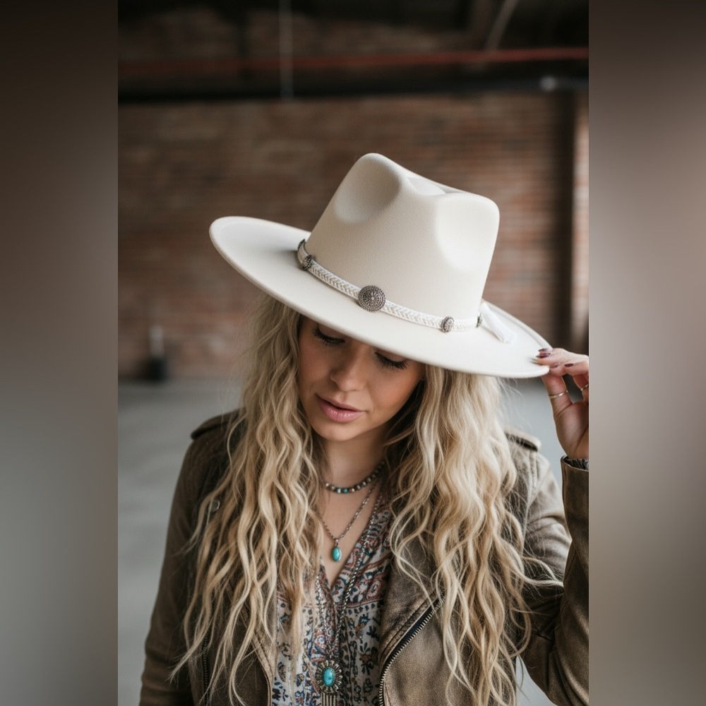 NWT Boho Festival Wide Brim Fedora Vegan Suede Concho Braided Tassel Belted Hat